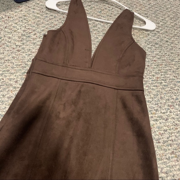 Brown suede buckle front deep V dress - Picture 3 of 5